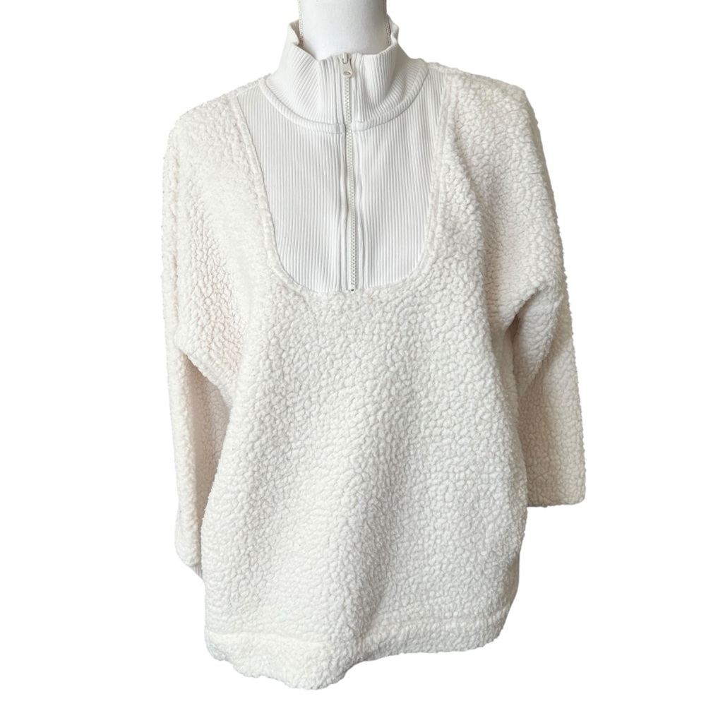 Aerie Womens White Sherpa Fleece Quarter Zip Long Sleeve Pullover Sweater‎ Small